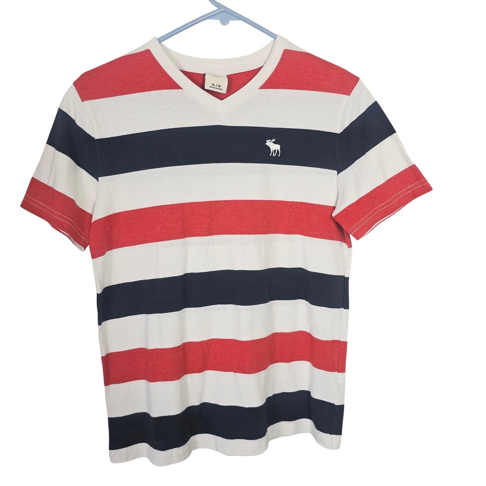 Abercrombie Kids XL 16 V-Neck T-Shirt Striped Moose Logo Tee Red/Blue Preppy